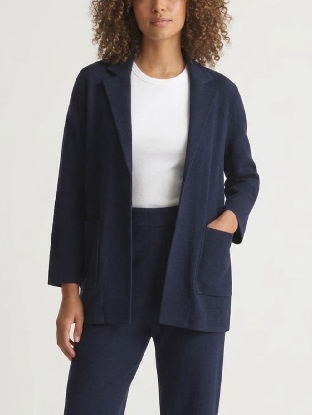 Quince Women’s Size L US Long Sleeve
Knit Blazer Navy Blue Organic Cotton